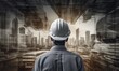 © Kowit - Construction concept. at back of the construction worker head which is wearing the safety helmet and checking work at the construction site. Non-existent person. Generative Ai