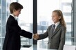 © August - Business children shaking hands. Concept: Business starts early. Generative AI
