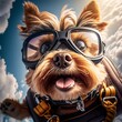 Photorealistic portrait of a dog in a raincoat that flies in the sky with glasses made with Generative AI. High quality illustration