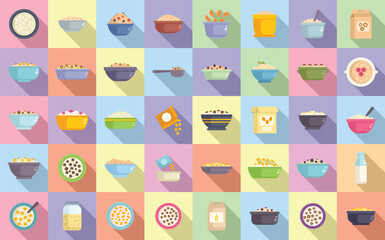 Sticker - Breakfast cereal icons set flat vector. Granola snack. Bar cereal