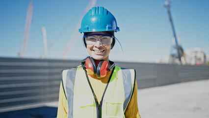 Wall Mural - Young beautiful hispanic woman architect smiling confident standing at street