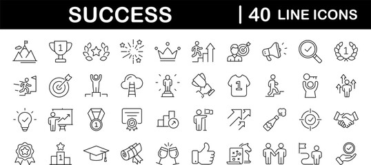 Poster - Success set of web icons in line style. Goals and Target icons for web and mobile app. Competition, awards, achievement, laurel branch, reward, winner, motivation, aim, plan and process