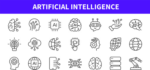 Fototapete - Artificial intelligence set of web icons in line style. AI technology icons for web and mobile app. Machine learning, digital AI technology, algorithm, smart robotic and cloud computing network