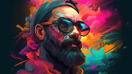 Wall Mural - Man with glasses and beard in front of image of man's face. Generative AI.