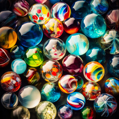 Bunch of different colored marbles sitting on top of black surface. Generative AI.