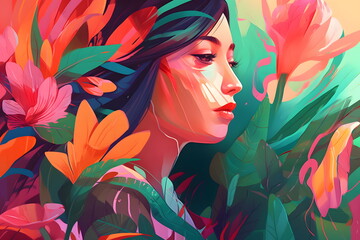 Wall Mural - Image of woman's face with flowers in the foreground. Generative AI.