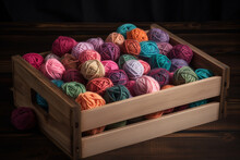 A Wooden Crate With Colorful Yarn Balls. Wood Texture, Background Generative AI