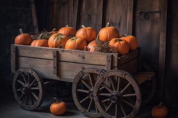 Wall Mural - A wooden cart filled with pumpkins. Wood texture, background Generative AI