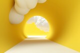 Fototapeta Perspektywa 3d - 3d render, abstract minimal yellow background with white clouds flying out of the tunnel