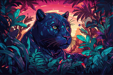 Black panther framed by jungle leaves during sunset, woodcarving style, in neon colors