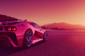 Red exotic sports car in California at the beach at sunset, generative AI