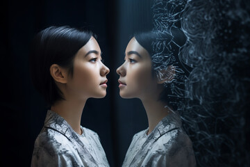 Poster - Person looking at a digital Artificial intelligence version of themselves. Deep fake. Generative ai