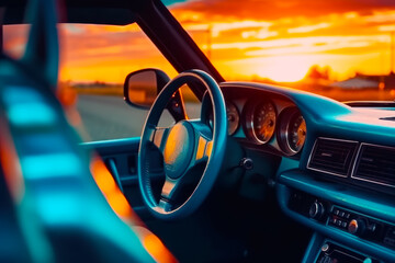 Poster - The interior of car with the sun setting in the distance behind it. Generative AI.