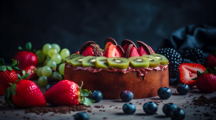 Wall Mural - Chocolate cake with kiwis, strawberries, grapes, and blueberries. Generative AI.