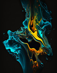 Black background with blue, yellow, and green swirls on it. Generative AI.
