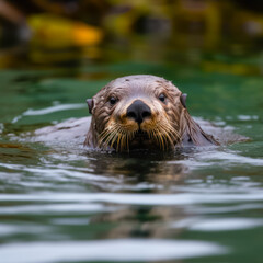 Wall Mural - Close up of sea otter swimming in body of water with it's head above the water's surface. Generative AI.