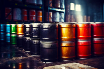 Poster - Bunch of barrels that are sitting on table in room with shelves. Generative AI.