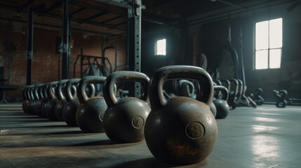 Sticker - Row of weights sitting on floor in front of row of other kettles. Generative AI.