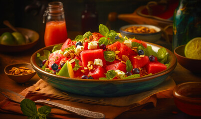 Wall Mural - Bowl of watermelon, blueberries, nuts, and green leaves. Generative AI.