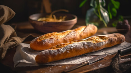 Sticker - Two loaves of bread sitting on table next to bowl of pasta. Generative AI.