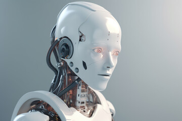 Wall Mural - Sci-fi, technology concept. Advanced artificial intelligence robot portrait. Modern futuristic robot human assistant. Generative AI