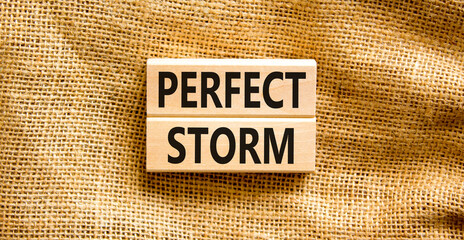 Perfect storm symbol. Concept words Perfect storm on beautiful wooden block. Beautiful canvas table canvas background. Business and Perfect storm concept. Copy space.