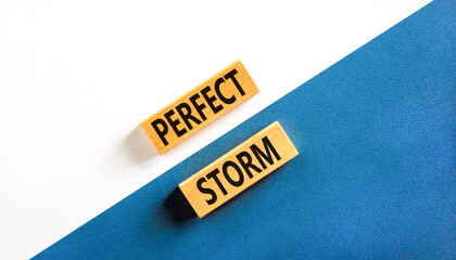 Perfect storm symbol. Concept words Perfect storm on beautiful wooden block. Beautiful white and blue background. Business and Perfect storm concept. Copy space.