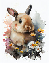 Cute Watercolor Rabbit With Wildflowers. Generative AI