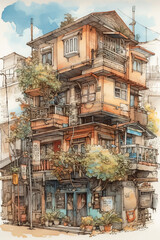 Wall Mural - Cityscape sketch. European town. Watercolor vertical cartoon illustration. Generative AI