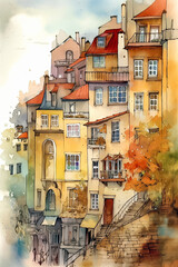 Sticker - Autumn urban sketch. Watercolor vertical cartoon illustration. Generative AI