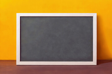 Empty blackboard with wooden frame on wooden table over yellow background. Generative AI