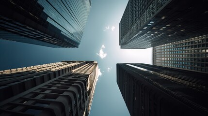 Wall Mural - Bottom view of modern skyscrapers in business district. Generative Ai.