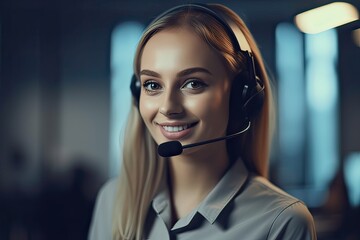 Poster - Attractive business woman Asian in suits and headsets are smiling while working with computer at office. Customer service assistant working in office. Generative Ai.