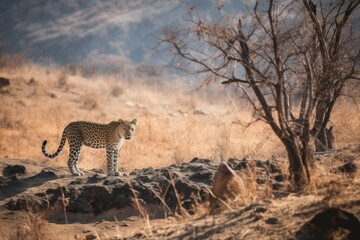 Canvas Print - Solitary leopard roams the degraded habitat, struggling to find prey. Generative AI