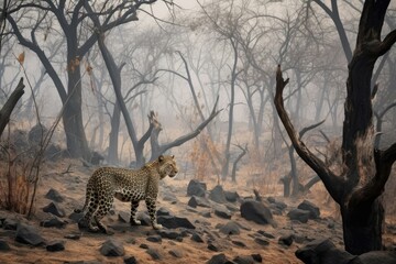 Wall Mural - Solitary leopard roams the degraded habitat, struggling to find prey. Generative AI