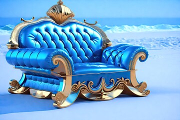 Wall Mural - Blue luxury chair at the sandy beach, freelance business concept, generative ai