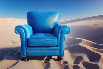 Wall Mural - Blue luxury chair at the sandy beach, freelance business concept, generative ai