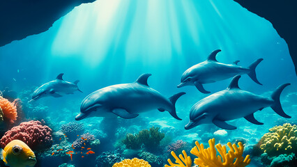 Wall Mural - Tropical Fish Underwater. Marine Life. Coral Reef. Generative AI. Spinner dolphins underwater in blue ocean. Dolphins family