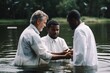 © ckybe - Two pastors baptize a man in the name of Christ. Baptism religion concept. Generative Ai..