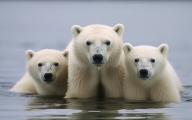 Wall Mural - Polar bear with cubs on ice floe. Generative AI