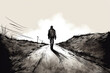 © Nld - Man walking alone on road from back, ink style - Generative ai