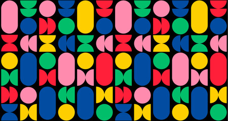 Poster - Abstract Geometric Seamless Pattern in Retro Style. Modern Vector Graphic. Vintage Background with Colorful Bold Geometric Shapes