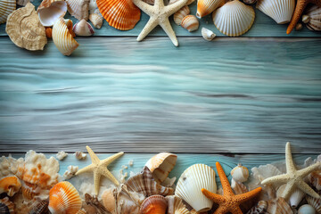 Poster - Background beach concept design shells, star on a wooden blue background. Generative AI