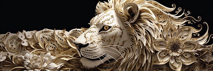 Wall Mural - Quilling mystical French Lion with white and gold flow. Isolated on a black background. Premium award background.