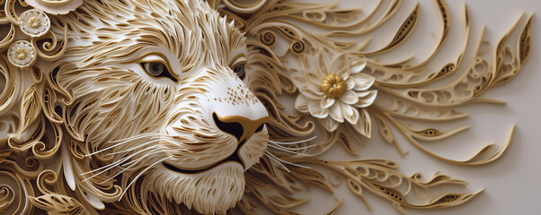 Wall Mural - Quilling mystical French Lion with white and gold flow. Isolated on a black background. Premium award background.