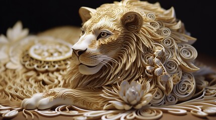 Wall Mural - Quilling mystical French Lion with white and gold flow. Isolated on a black background. Premium award background.