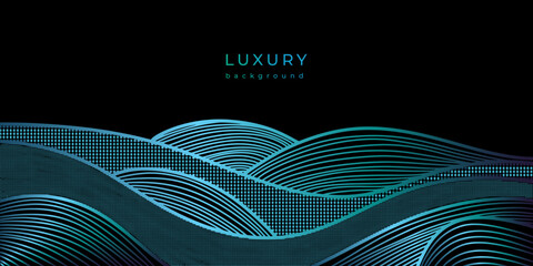 Luxury wavy linear banner. Shiny blue waves on black background. Swirl pattern. Template with gradient lines. Sea, ocean. Curved lines. Water texture. Abstract landscape with field or meadow. Line art