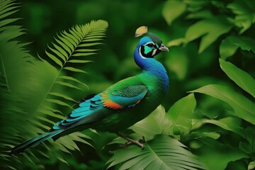 Wall Mural - Blue and green colored bird sitting on a tree with an open feathers, leaves on background, generative ai