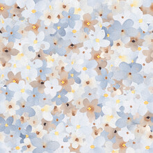 Watercolor Floral Pattern With Blue, White And Beige Flowers. Perfect For Fabric, Textile, Apparel. Cute Seamless Pattern. Great For Nursery Fabric, Textile.