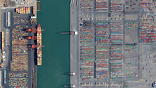Trade, Ships And Containers Port Of New York And New Jersey, Looking Down Aerial View From Above, Bird’s Eye View, Port Of New York, USA